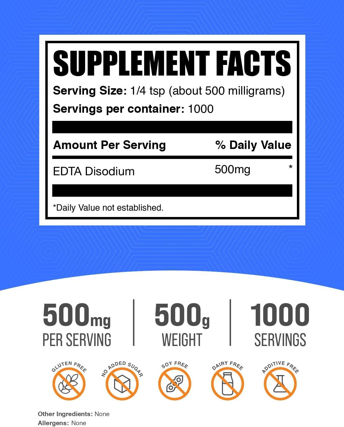 BulkSupplements.com Disodium EDTA Powder - Food Grade, Gluten-free, 500mg per Serving, 500g (1.1 lbs) - görsel 4