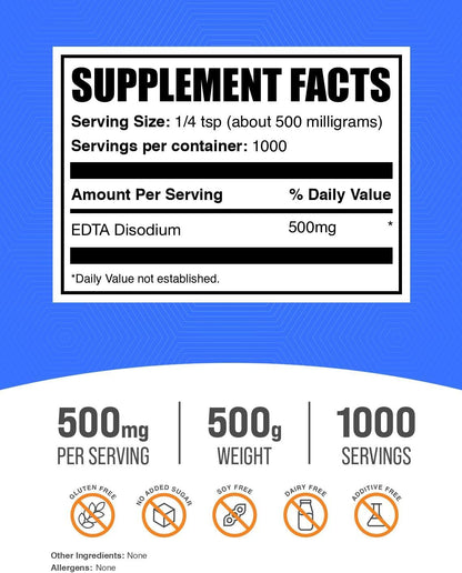 BulkSupplements.com Disodium EDTA Powder - Food Grade, Gluten-free, 500mg per Serving, 500g (1.1 lbs)