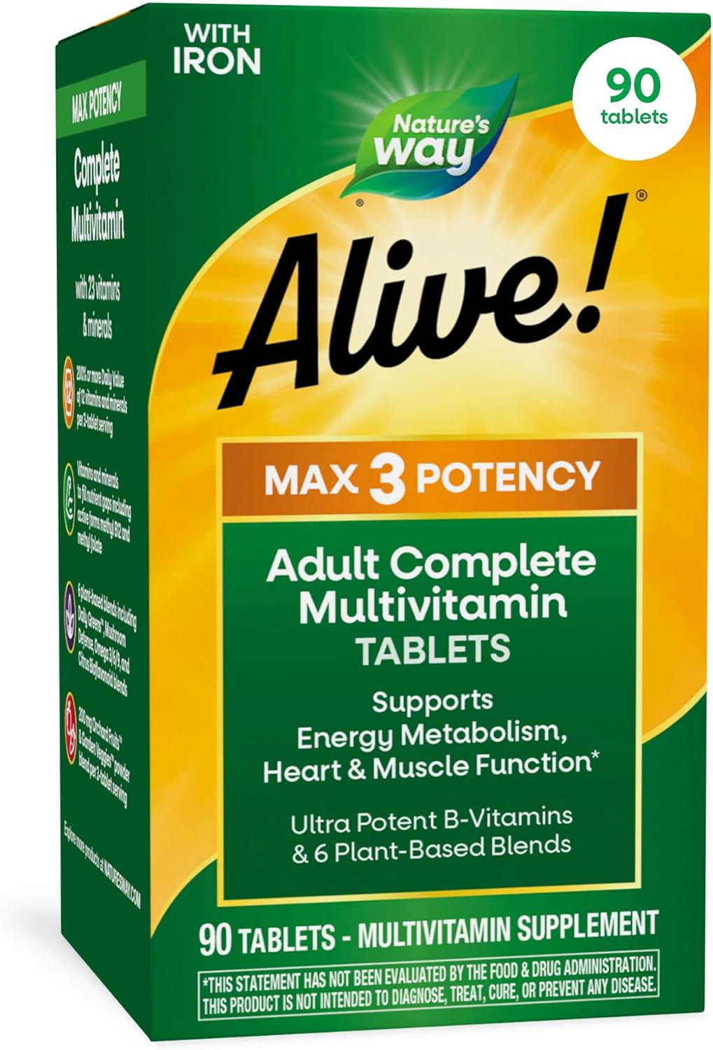 Nature's Way Alive! Max3 Potency Daily Multivitamin with Iron - High Potency for Energy and Immune Support, 90 Tablets - görsel 1