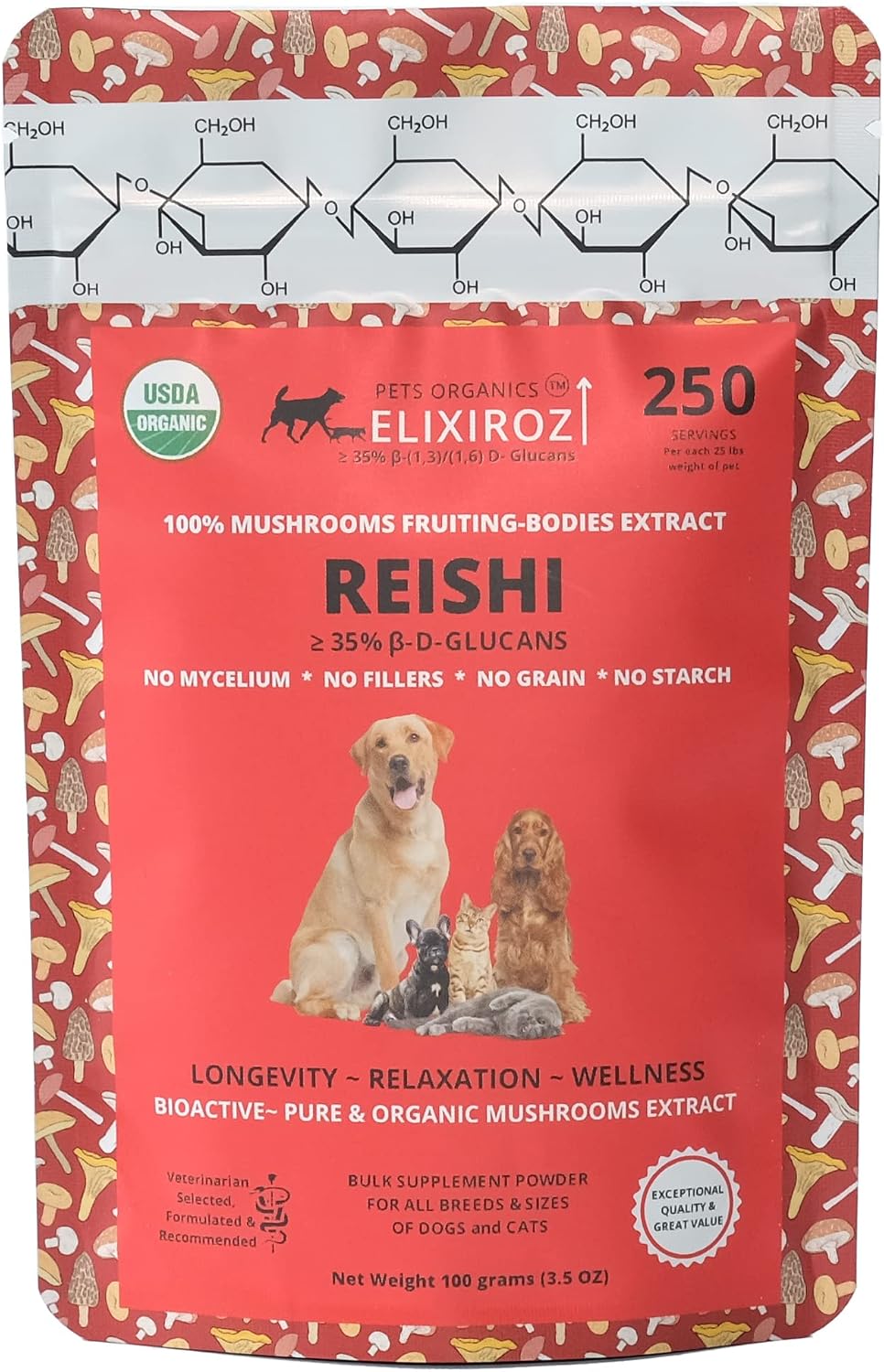 Reishi Mushroom Extract for Dogs & Cats – 35%+ Beta Glucans – Fruiting Body (8:1–12:1 Concentrated) – Immune Support, Calming & Relaxation – No Fillers – 250 Servings - görsel 1