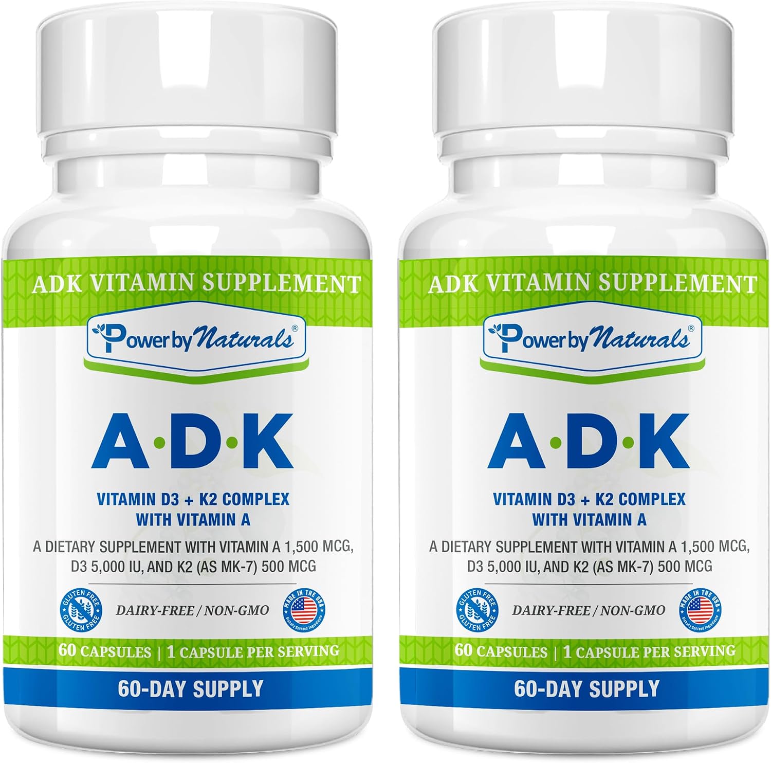 Power By Naturals ADK Vitamin Supplement – Vitamins A, D3 & K2 MK-7 for Bone Health & Calcium Absorption – 120 Capsules (Pack of 2) - görsel 1