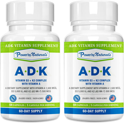 Power By Naturals ADK Vitamin Supplement – Vitamins A, D3 & K2 MK-7 for Bone Health & Calcium Absorption – 120 Capsules (Pack of 2)