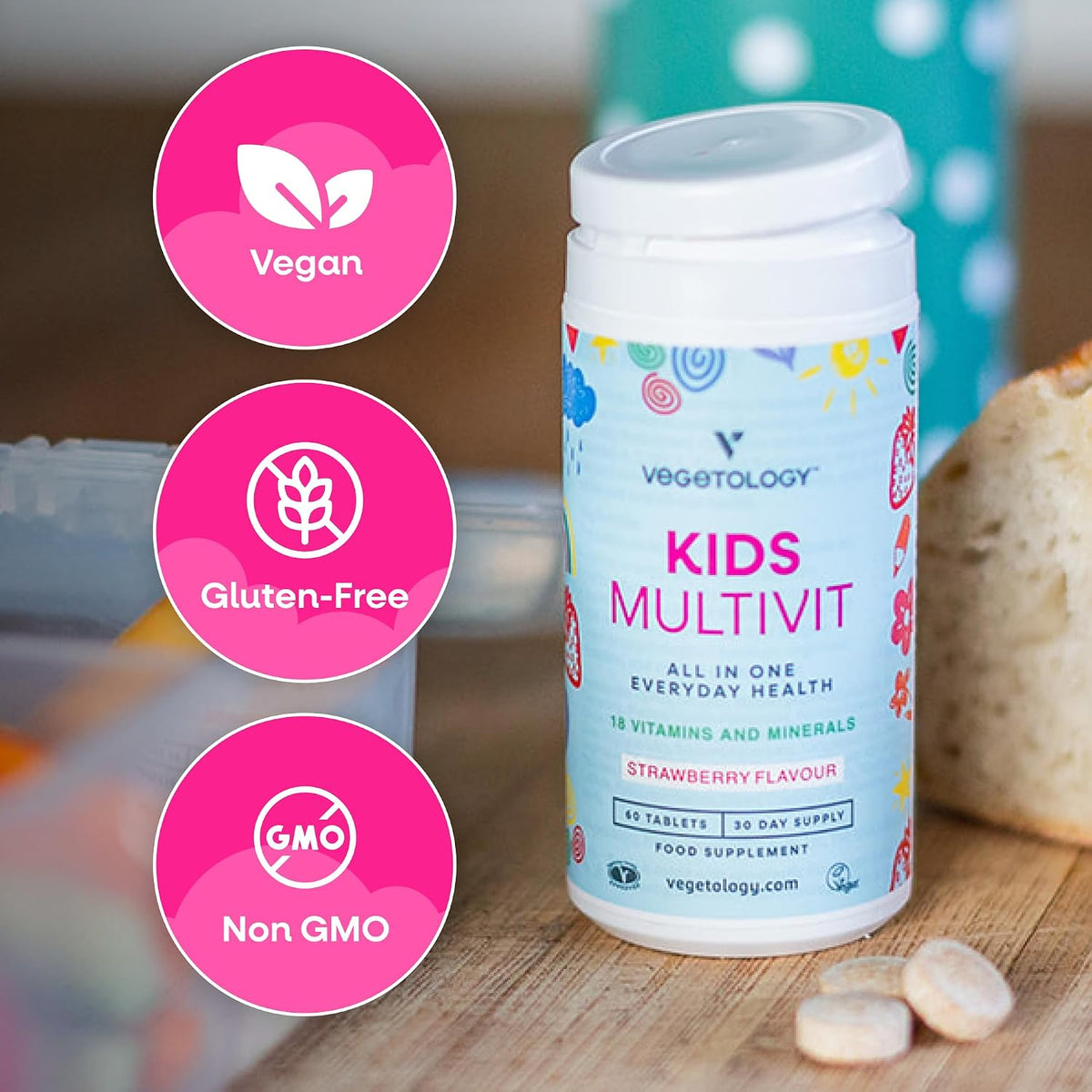 VEGETOLOGY Kids Multivitamin Food Supplement – Vegan Chewable Multivitamin for Immune Function, Energy & Growth, 18 Essential Vitamins & Minerals – 60 Tablets, Strawberry - görsel 9