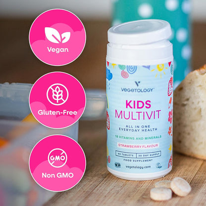 VEGETOLOGY Kids Multivitamin Food Supplement – Vegan Chewable Multivitamin for Immune Function, Energy & Growth, 18 Essential Vitamins & Minerals – 60 Tablets, Strawberry