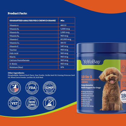 YoYoBay Dog Multivitamin Chewable Supplement - 180 Soft Chews, Duck & Pear Flavour