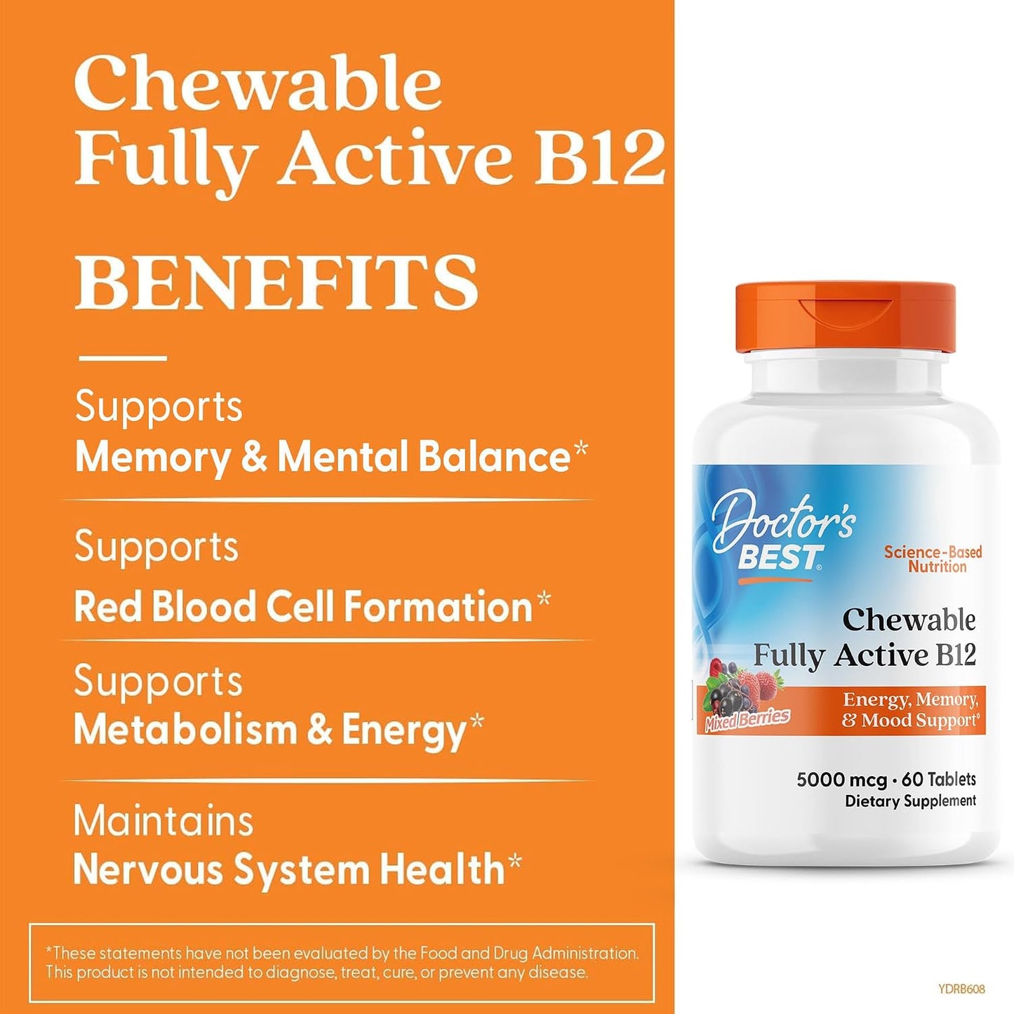 Doctor's Best Chewable Vitamin B12 Methylcobalamin - 5000 mcg, Vegan, Gluten-free, Non GMO, Mixed Berries Flavour - 60 Chewable Tablets - görsel 3