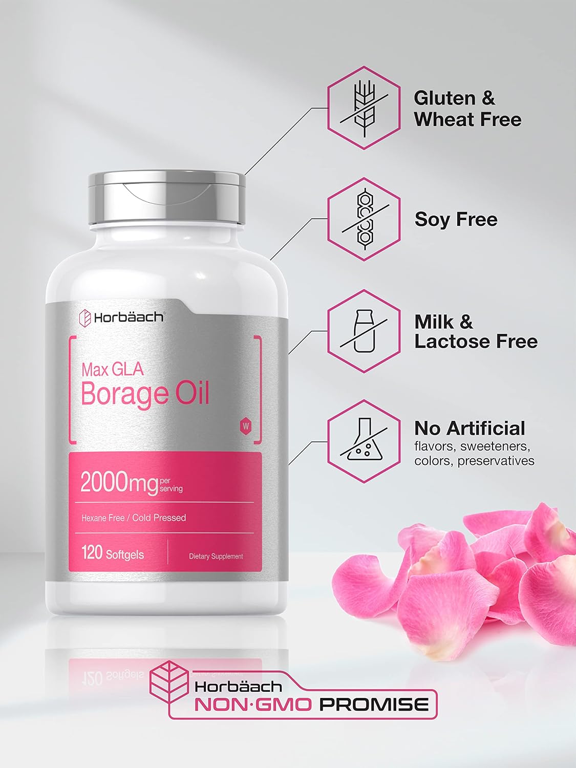 Horbäach Borage Oil Softgels 2000 mg - 120 Softgels | Cold-Pressed with 320 mg GLA - görsel 4