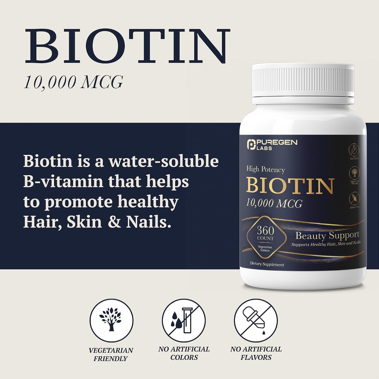 Puregen Labs Biotin 10,000 mcg – High Potency Beauty Support – 360 Vegetarian Tablets - görsel 3