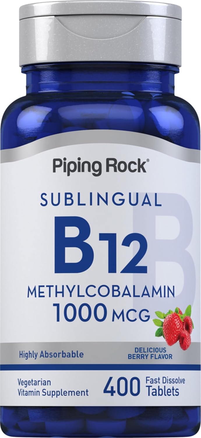 Piping Rock Vitamin B12 Sublingual Tablets - 1000 mcg Methylcobalamin, 400 Tablets, Berry Flavour - görsel 1