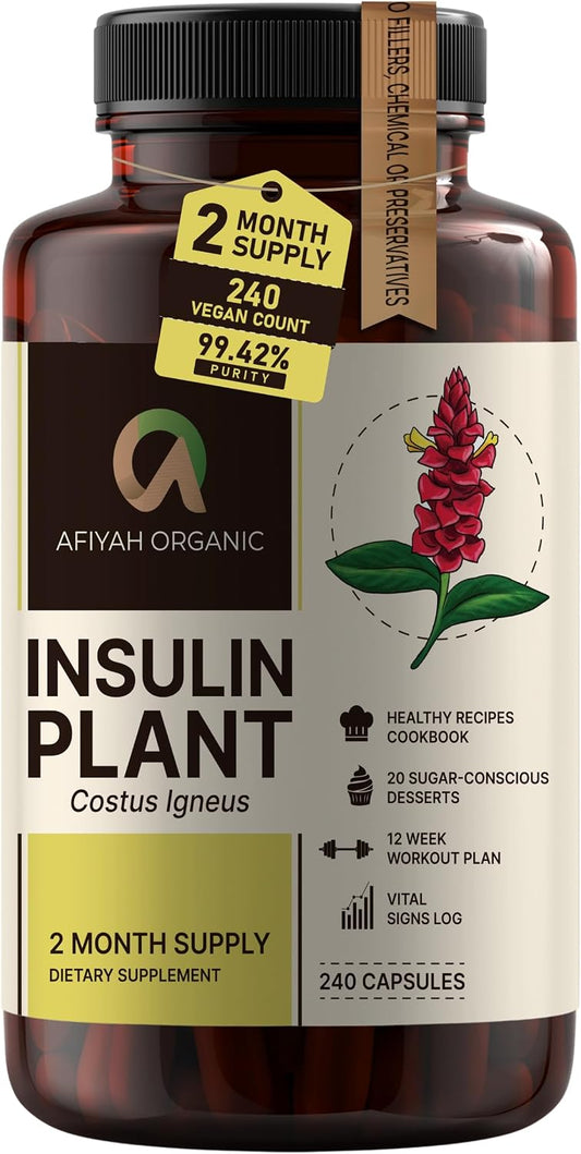 Afiyah Organic – Premium Quality Costus Igneus (Insulin Plant) Capsules – 240 Vegetable Capsules (2 Month Supply)