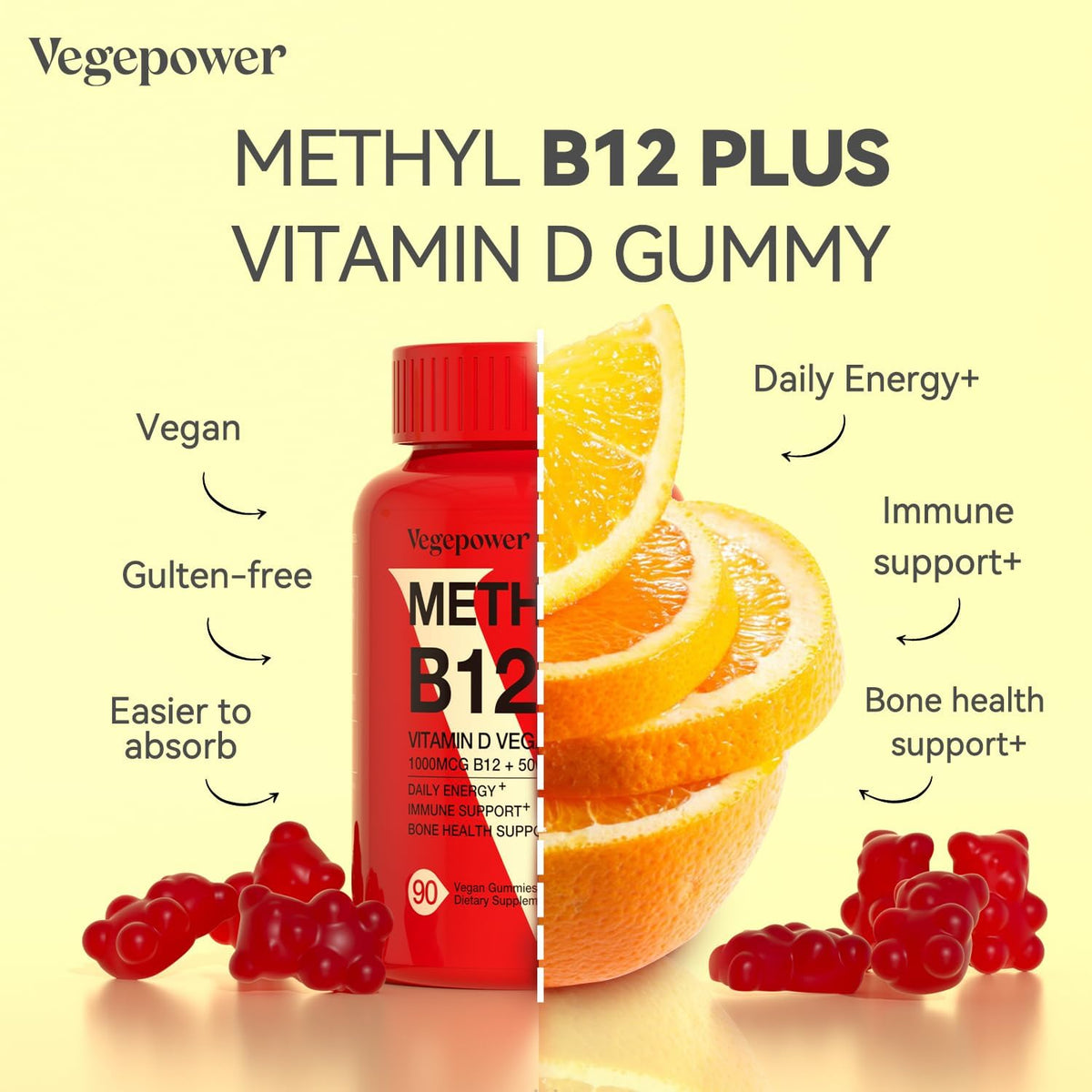 Vegan Vitamin D3 & B12 Gummies, Methyl B12 Supplement for Adults & Children, Enhanced with Vitamin D3 for Natural Energy, Immune Support, Metabolism, and Focus, Orange Flavour, 90 Gummies - görsel 7