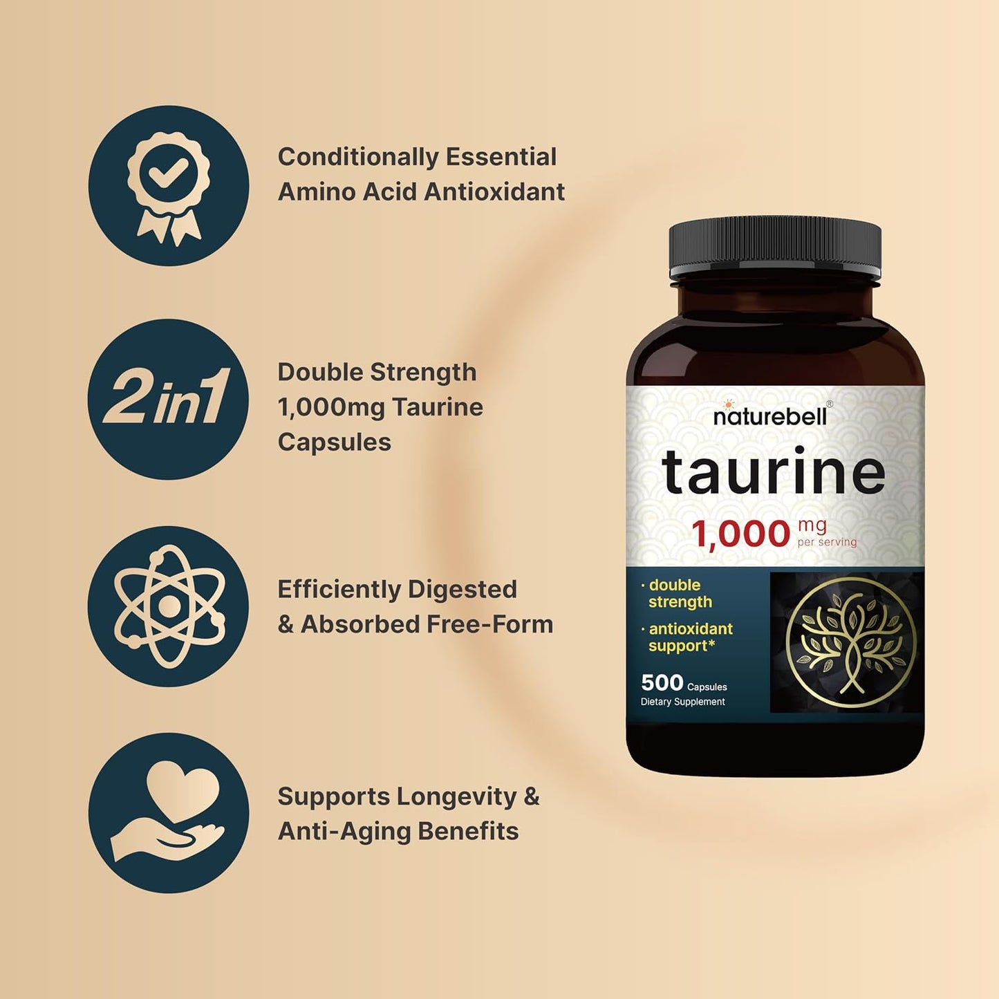 NatureBell Taurine 1,000mg Per Serving, 500 Capsules – Double Strength Amino Acid Food Supplement - görsel 3