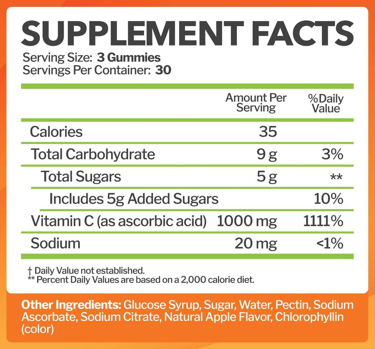 Just Nutrients Vitamin C 1000mg Gummies - Maximum Strength Chewable Immune & Collagen Support, Natural Green Apple Flavour, 90 Count - görsel 6