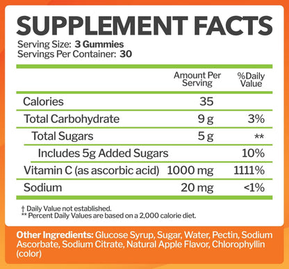 Just Nutrients Vitamin C 1000mg Gummies - Maximum Strength Chewable Immune & Collagen Support, Natural Green Apple Flavour, 90 Count