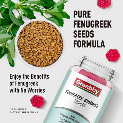 Fenugreek Gummies 1000mg, Pure Organic Fenugreek Seeds Supplement for Breastfeeding, Healthy Lactation Support, Non-GM (60 Vegan Gummies)