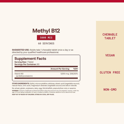 Jarrow Formulae Methyl Vitamin B12 5000 mcg - 60 Chewable Tablets, Natural Fruit Flavour