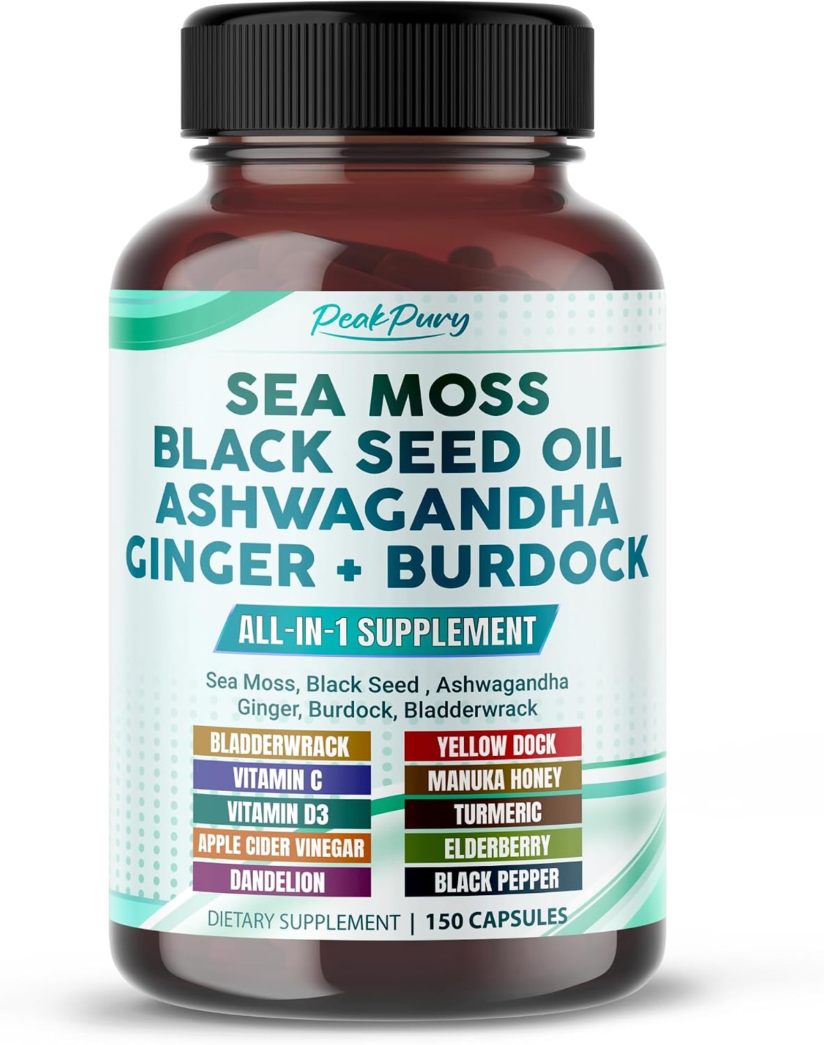 PEAKPURY Sea Moss Black Seed Oil Ashwagandha Ginger Burdock Bladderwrack – Immunity Support - görsel 1