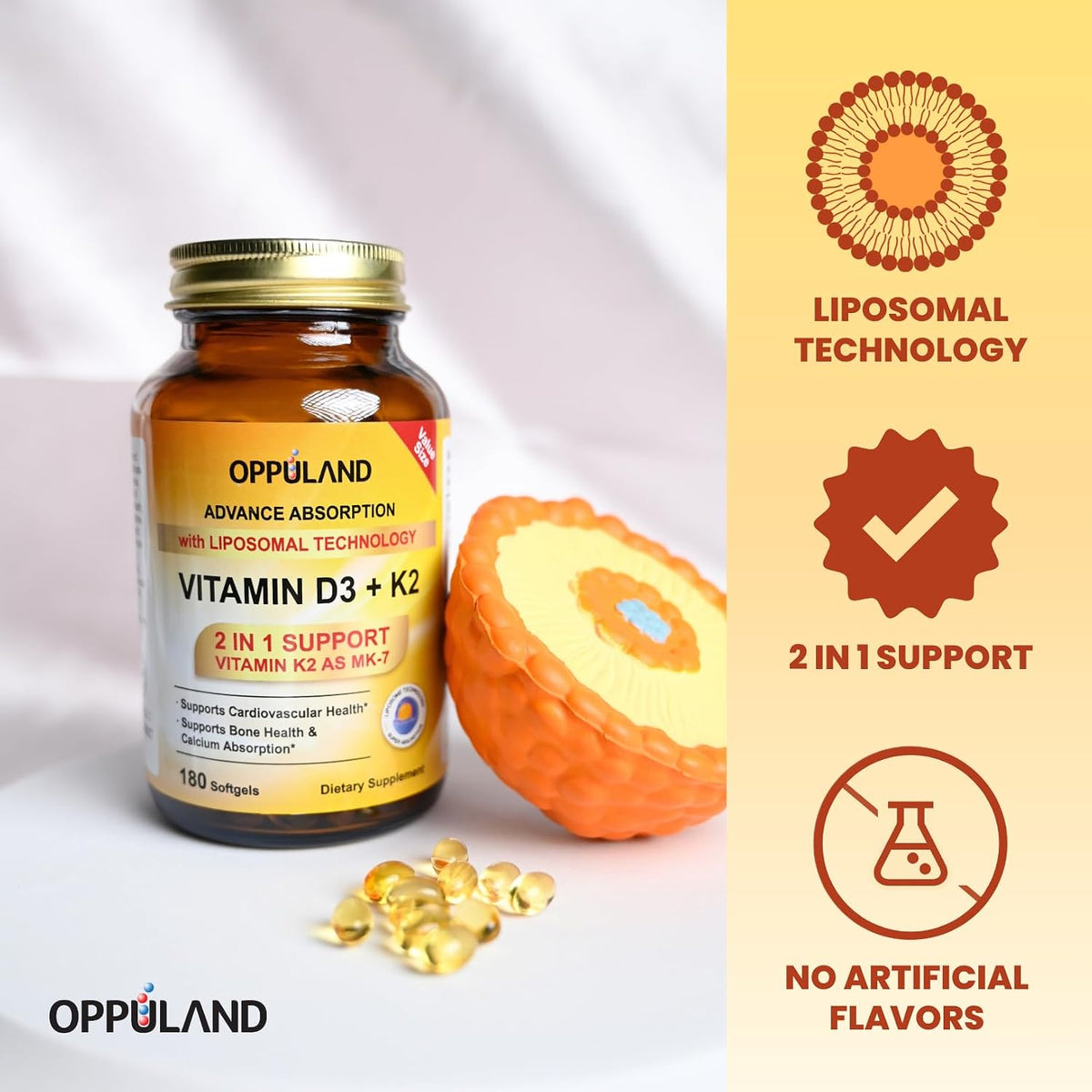 oppuland Vitamin D3 + K2 5000 IU - Liposomal Enhanced Absorption - MK-7 100mcg - 180 Softgels - görsel 6