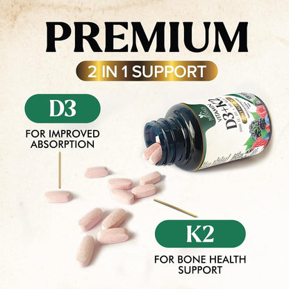 Vitamin D3 K2 Supplement | 5000 IU D3 + 100 mcg K2 (MK-7) | Chewable Tablets - Berry Flavour