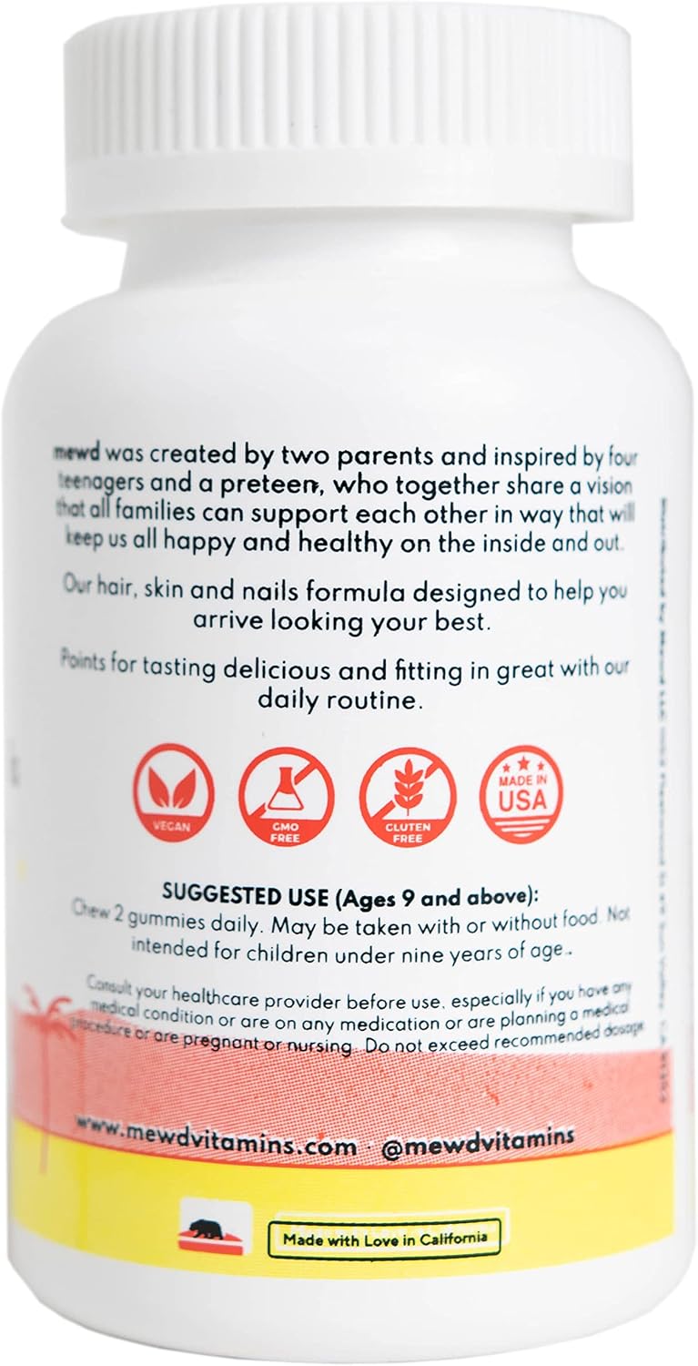 MEWD Hair, Skin & Nails Support Multivitamin Gummies for Teens and Children - Biotin with Zinc, Vitamins A, D3, B1, B2, B6 & B12 - Gluten-Free, Non-GMO - 60 Count - Made in the USA - görsel 8
