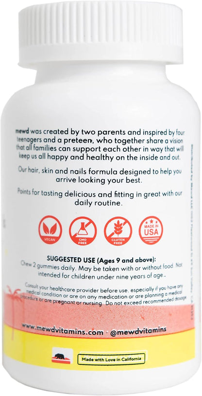 MEWD Hair, Skin & Nails Support Multivitamin Gummies for Teens and Children - Biotin with Zinc, Vitamins A, D3, B1, B2, B6 & B12 - Gluten-Free, Non-GMO - 60 Count - Made in the USA