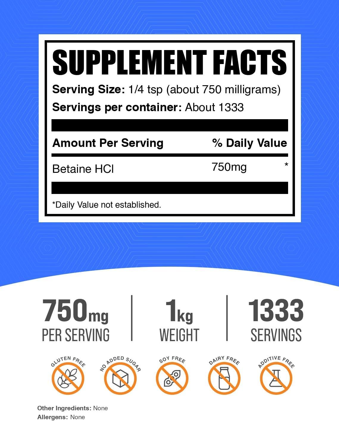 BulkSupplements.com Betaine HCl Powder - Betaine Hydrochloride Supplement, Digestive Support - Gluten-free, 750mg per Serving, 1kg (2.2 lbs) (Pack of 1) - görsel 2
