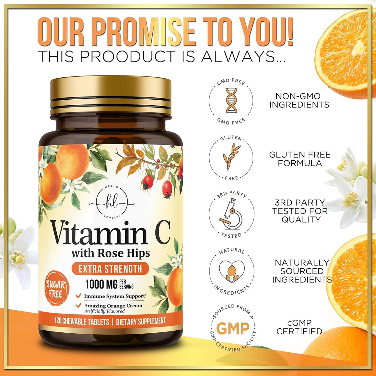 Hello Lovely! Vitamin C 1000mg Chewable Tablets with Rose Hips & Bioflavonoids - 120 Tablets - görsel 4