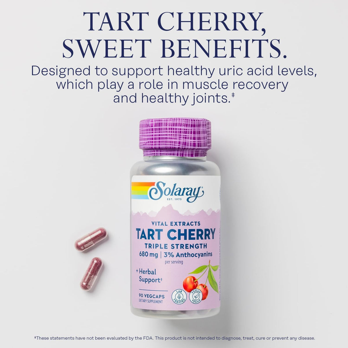SOLARAY Triple Strength Tart Cherry Extract with 3% Anthocyanins - Tart Cherry Capsules for Normal Uric Acid Levels and Muscle Recovery Support, Vegan, 60-Day Guarantee, 45 Servings, 90 VegCaps - görsel 3