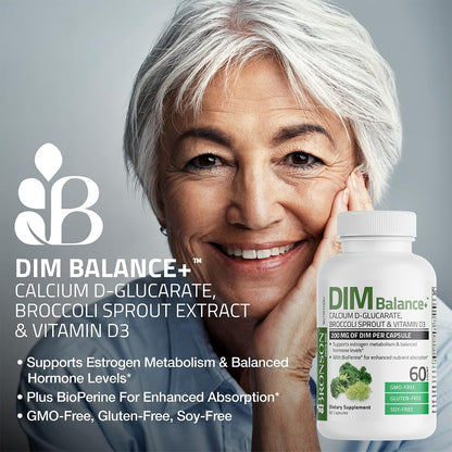 Bronson DIM Balance+ - Food Supplement with DIM, Calcium D-Glucarate, Broccoli Sprout & Vitamin D3 (60 Vegetarian Capsules)