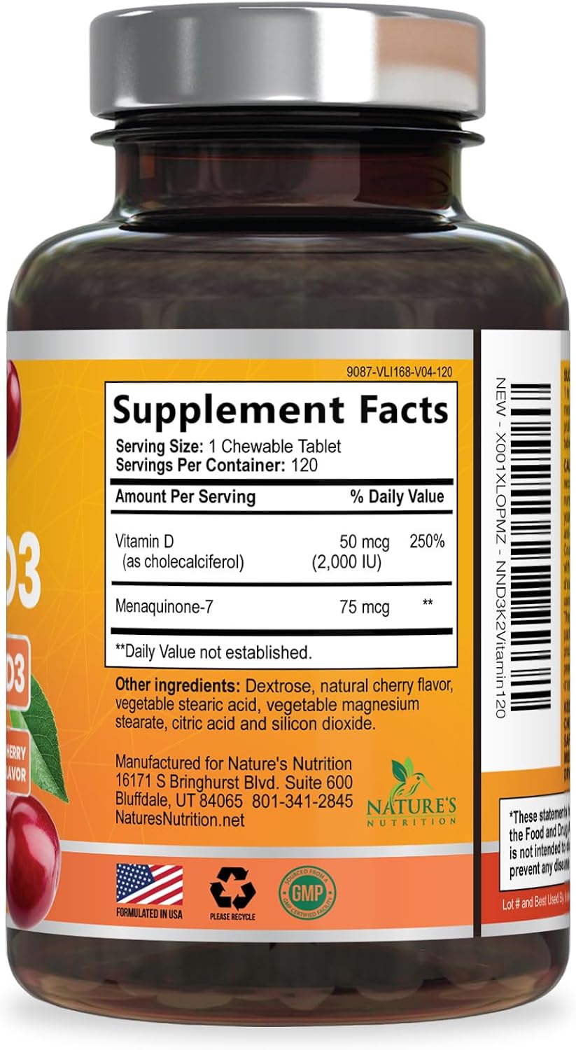 Vitamin D3 & K2 Supplement - 2000 IU D3 + 75 mcg MK-7 - Chewable Berry Tablets (120 Count) - görsel 9