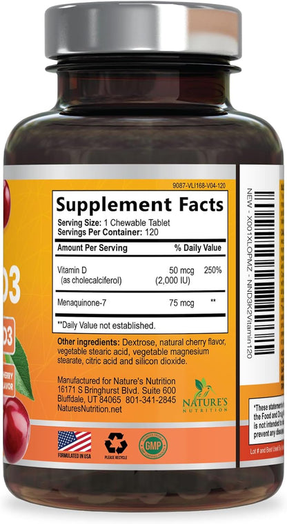 Vitamin D3 & K2 Supplement - 2000 IU D3 + 75 mcg MK-7 - Chewable Berry Tablets (120 Count)