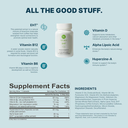 NEORA EHT Brain Formula – with EHT Extract, B6, B12, Vitamin D, Alpha Lipoic Acid and Huperzine-A