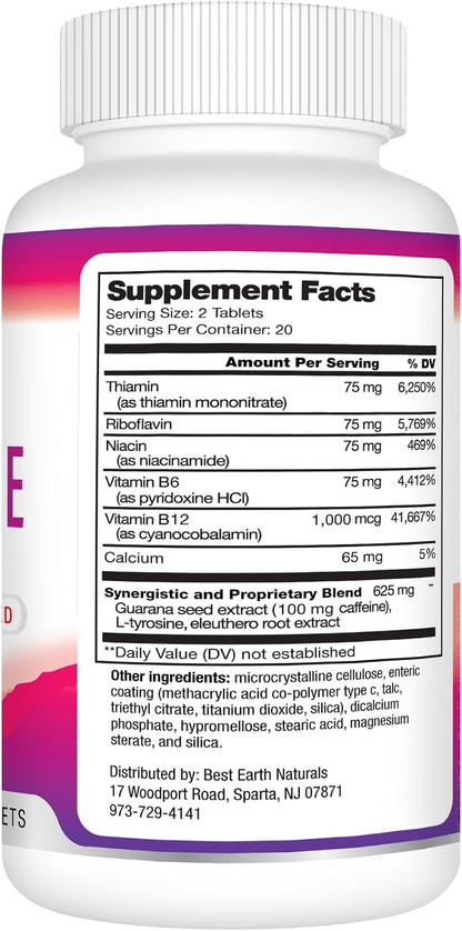 Best Earth Naturals Time Release Caffeine with L-Tyrosine, Vitamin B6, Vitamin B12, Thiamin & More - Energy Supplement for Men and Women - 40 Tablets