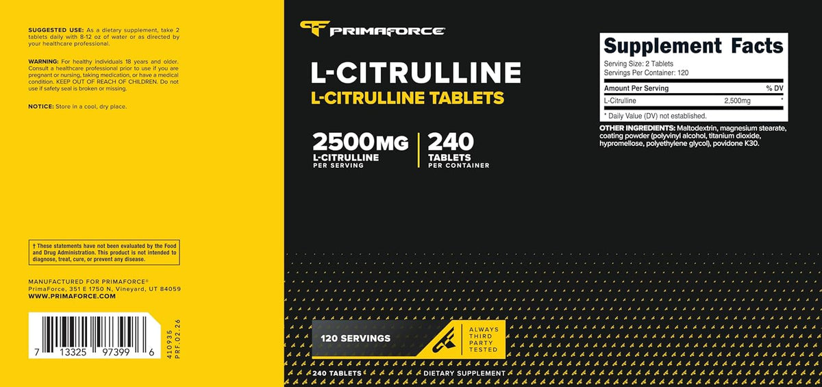 Primaforce L-Citrulline 2,500mg, 240 Tablets, 120 Servings - görsel 5