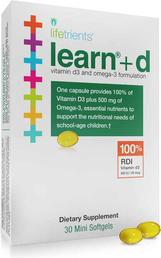Lifetrients Learn+D — Vitamin D3 & Omega-3 Formulation — 30 Mini Soft gel capsules — Children's Bone Health, Immune Support & Brain Nutrition