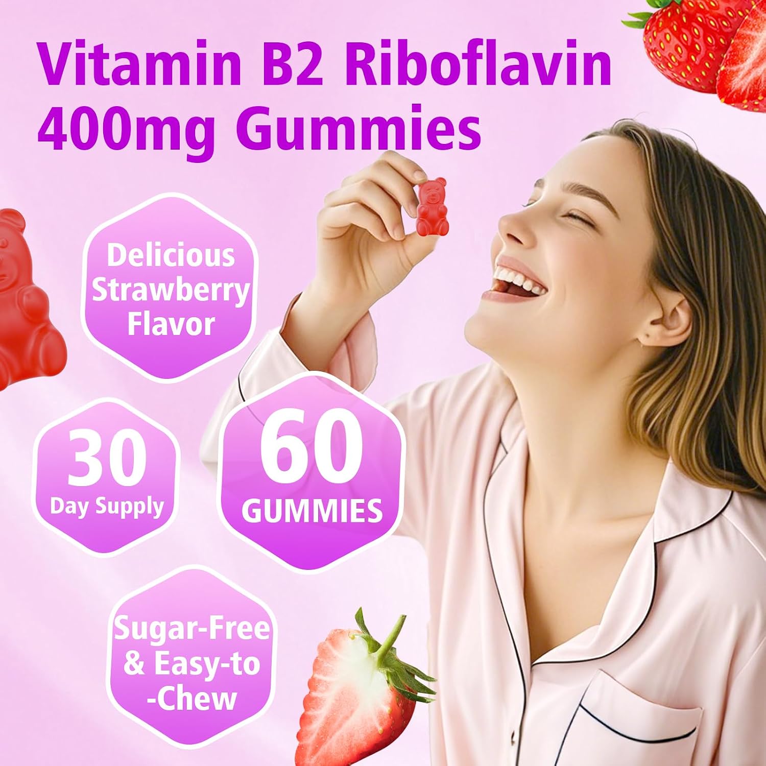 Vitamin B2 Gummies - Riboflavin 400mg with Magnesium & CoQ10 - Strawberry Flavour, 60 Gummies - görsel 5