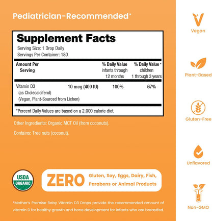 Mother's Promise Organic Baby Vitamin D Drops | 100% Plant Based | Healthy Growth & Bone Development | Age New-born+ | 180 Servings | Baby Vitamin D3 Liquid for Infants & Toddlers | 400 IU for Babies