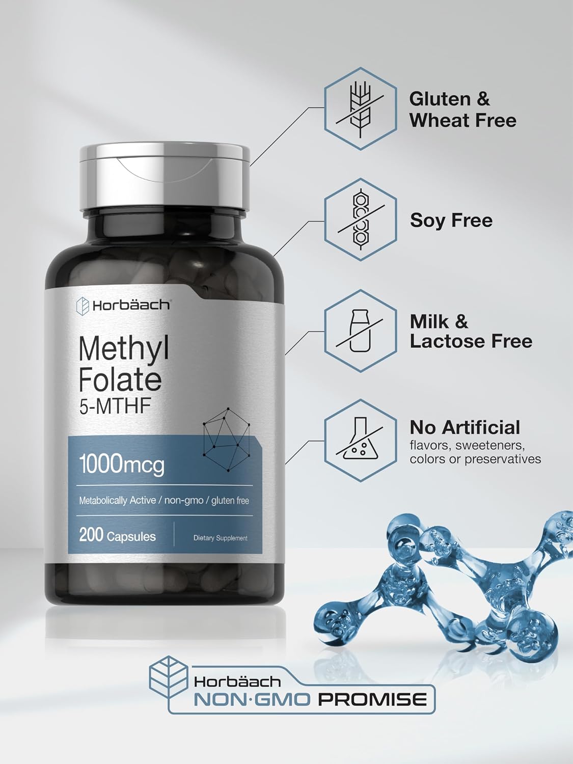 Horbäach Methyl Folate Supplement | 1000 mcg | 200 Capsules | Active 5-MTHF - görsel 5