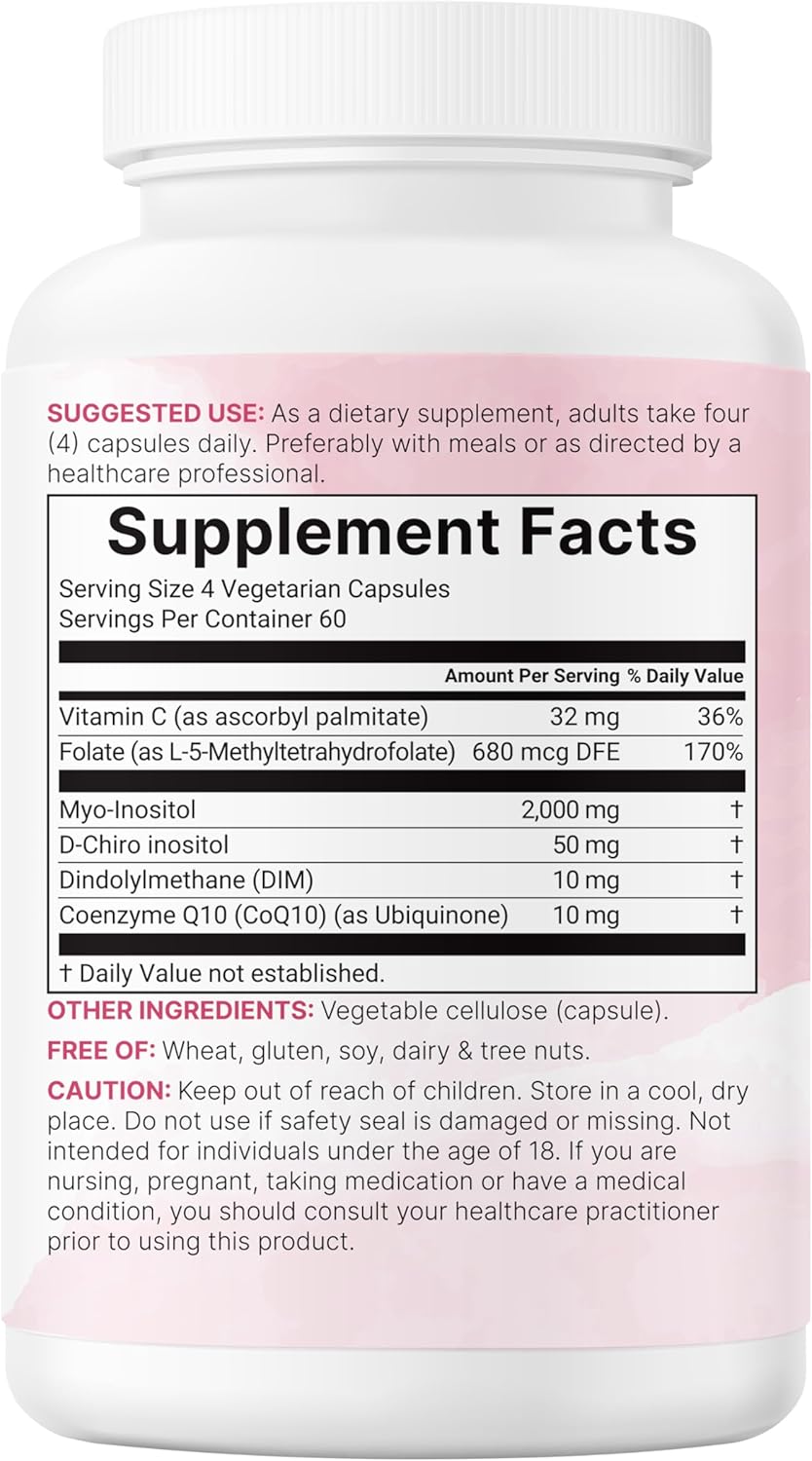 Myo-Inositol & D-Chiro Inositol 2,050mg | 240 Veggie Capsules + Vitamin C, Folate, DIM, & CoQ10 | Inositol Supplement for Women | 40:1 Ratio | Hormonal Balance & Ovarian Support | Filler Free - görsel 6