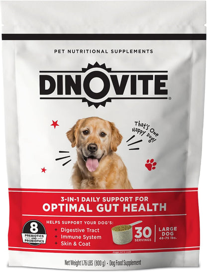 Dinovite Probiotics for Dogs, Probiotic Powder Food Topper for Large Dogs (20 kg+), Daily Digestive Health & Skin Support with Omega-3s, 30 Servings