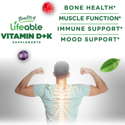 Lifeable Vitamin D3 K2 Gummies for Adults – Strawberry Flavour, 60 Gummies