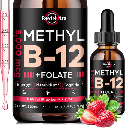 ReviNutra Vitamin B12 Liquid Drops - 5000 mcg Methylcobalamin with B6 & Folate - Vegan Strawberry Flavour - 60 ml