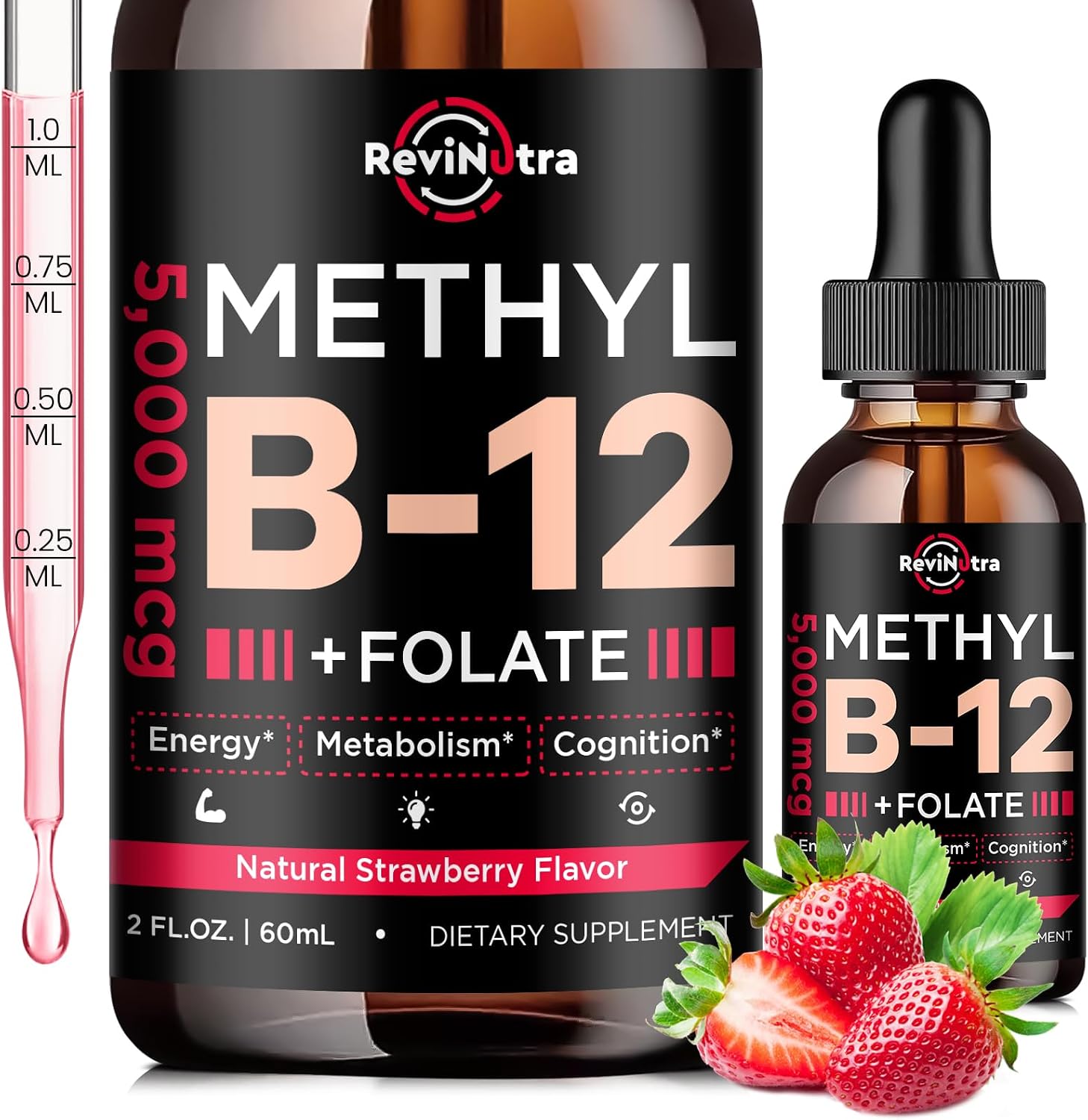 (2 Pack) Vitamin B12 Liquid Drops - 5000 mcg Methylcobalamin with B6 & Folate | Sublingual B12 Supplement for Energy, Nervous System, & Heart Health | Vegan, Non-GMO, Gluten-free | Strawberry Flavour - görsel 8