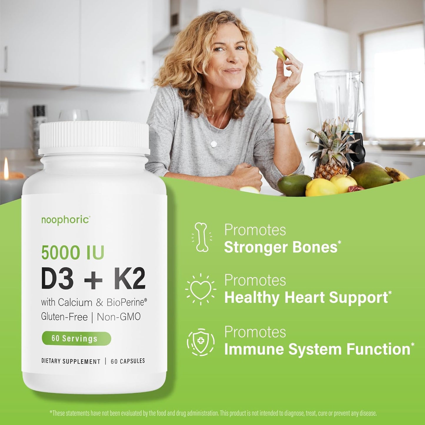Noophoric Vitamin D3 K2 5000 IU, D3 with K2 MK7, Vitamin D3 K2 Capsules with Calcium and BioPerine, Non-GMO, Gluten-free, Soya-free, 60 Capsules - görsel 2
