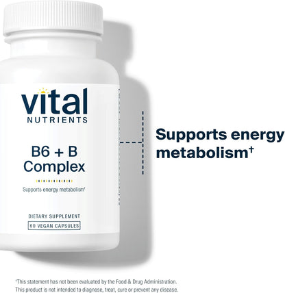 Vital Nutrients Vitamin B6 + B Complex - Vegan Methylated B Vitamins for Energy, Metabolism, Heart Health - High-Potency Vitamin B6 for Hormonal Balance - Gluten, Dairy, Soy Free - 60 Capsules