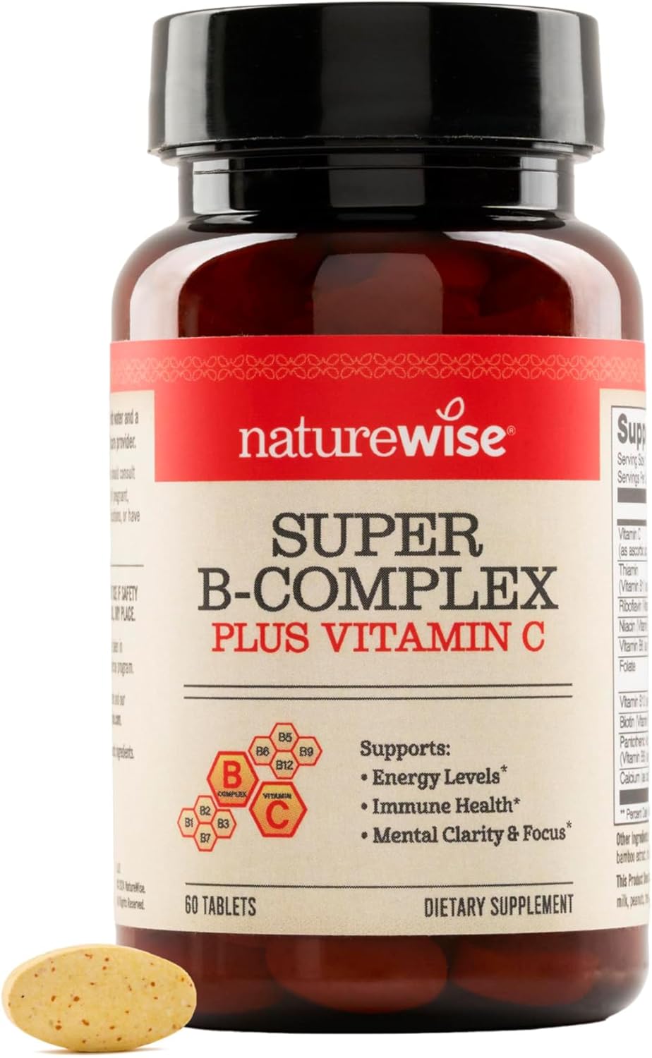 NatureWise Super Vitamin B Complex - with Vitamin C, Folic Acid, Biotin, B1, B2, B3, B6, B12 - Vegan, Non-GMO - 60 Tablets - görsel 1