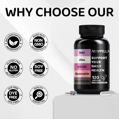 ACAPPELLA N-Acetyl Cysteine Food Supplement with Vitamin D3 K2 Zinc Quercetin – 120 Capsules