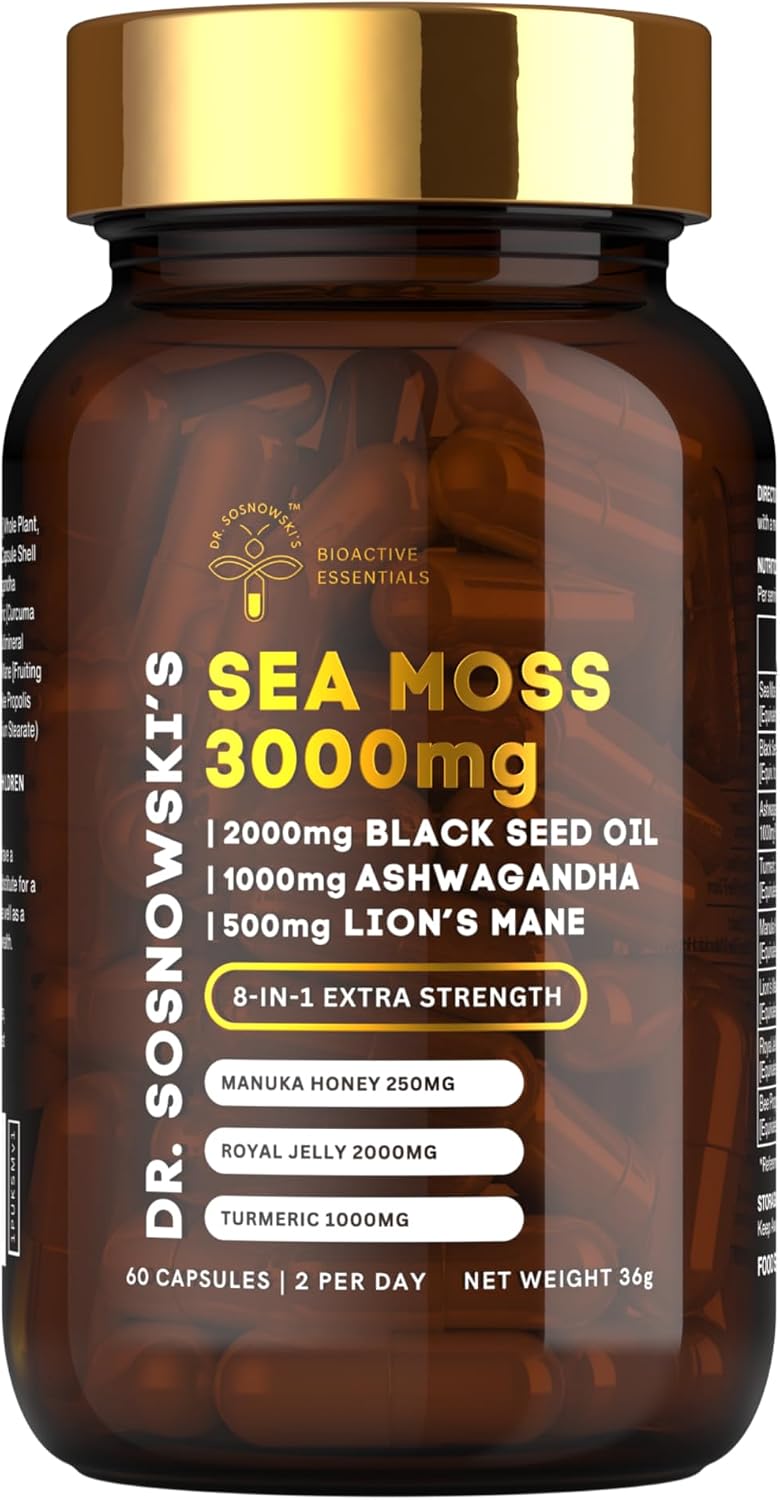 Dr Sosnowski's BioActive Sea Moss | 8-in-1 Formula Enriched with Black Seed, Ashwagandha, Turmeric, Manuka Honey, Lion's Mane, Royal Jelly, Bee Propolis Extract | 60 Capsules - görsel 1