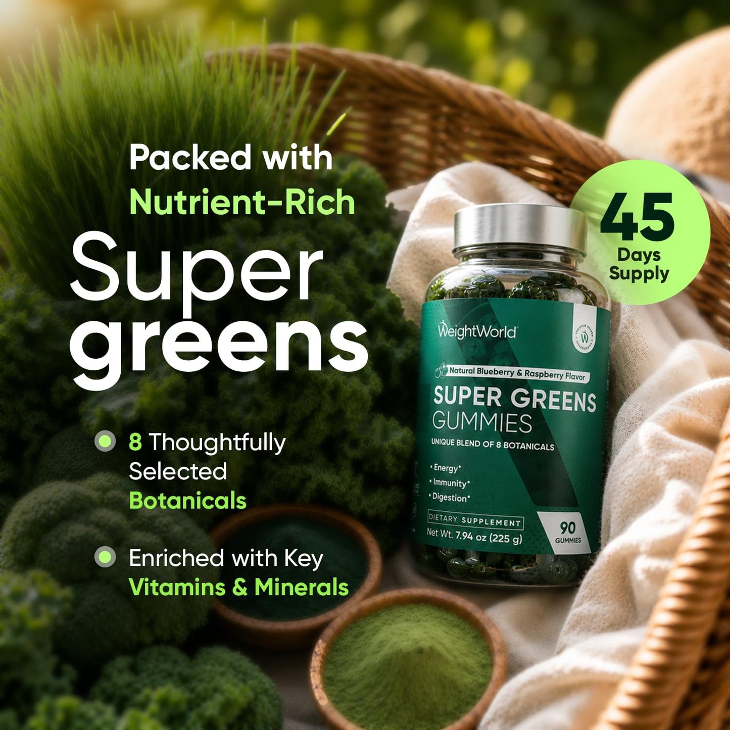 WeightWorld Super Greens Gummies – 45-Day Supply, 90 Vegan Gummies for Energy, Immune Function & Digestion - görsel 3