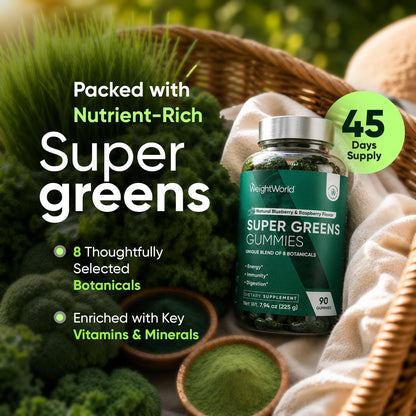 WeightWorld Super Greens Gummies – 45-Day Supply, 90 Vegan Gummies for Energy, Immune Function & Digestion